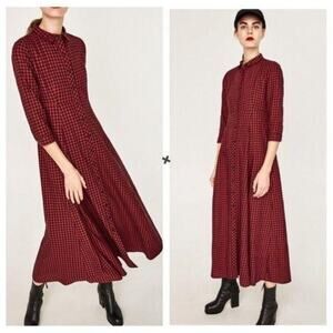 Zara Red Gingham Plaid Shirt Maxi Dress SZ XS